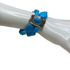 Faux Turquoise & Bright Silver Toned Stretch  Bracelet